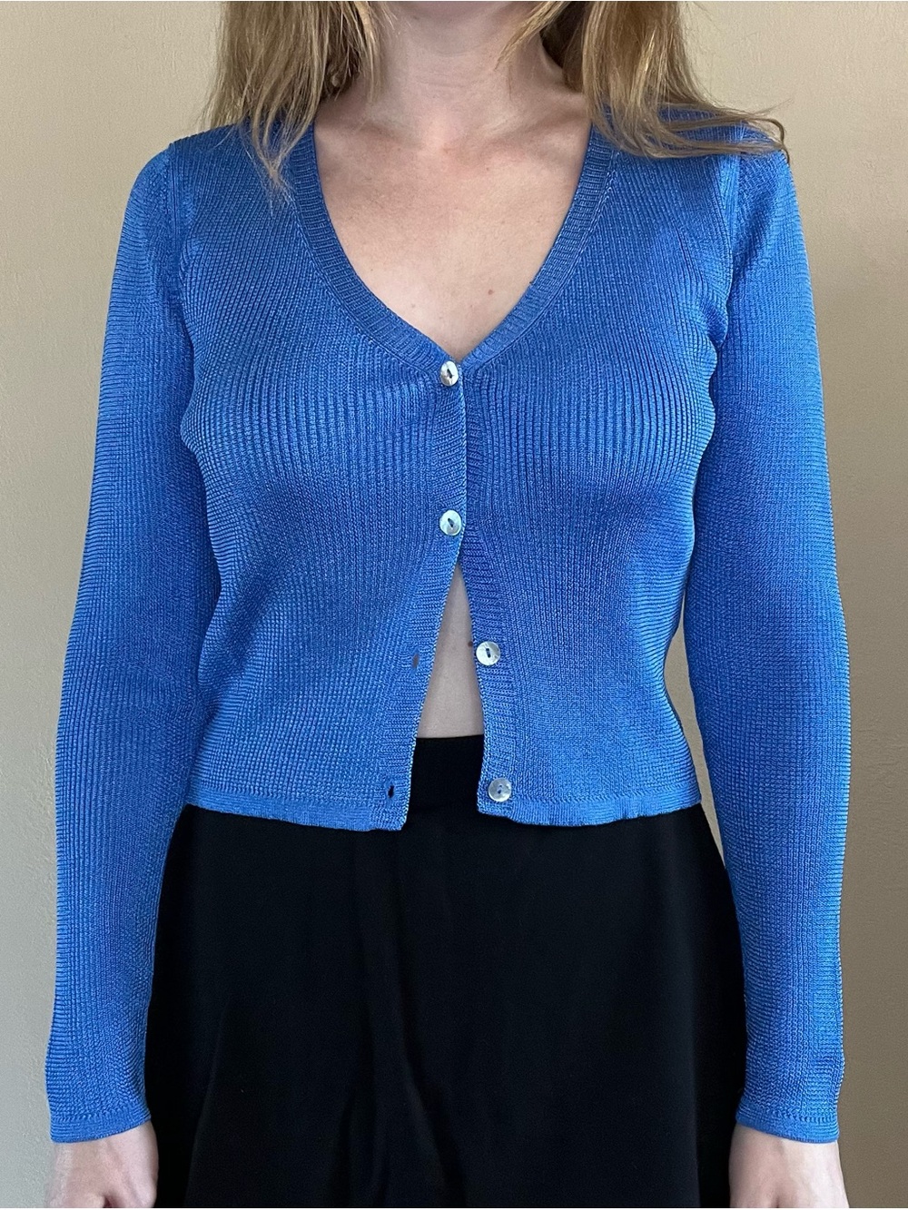 MNG Cropped Metallic Blue Cardigan